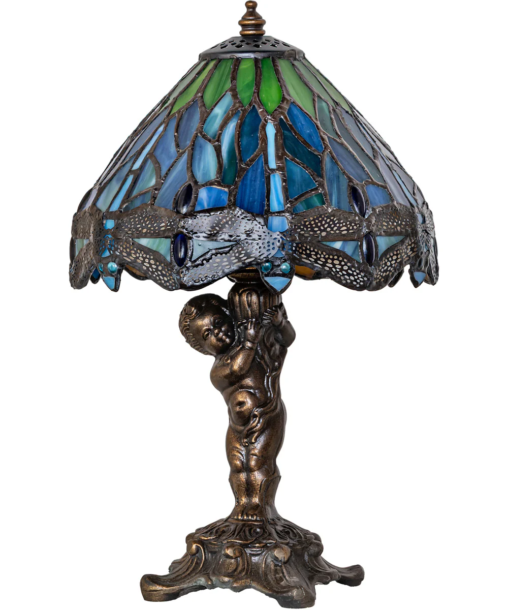12" High Tiffany Hanginghead Dragonfly Cherub Accent Lamp - Image 2