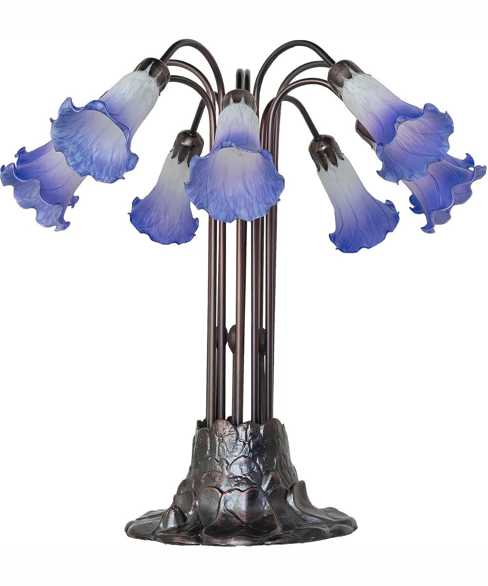 24" High Blue/White Tiffany Pond Lily 10 Light Table Lamp - Image 3