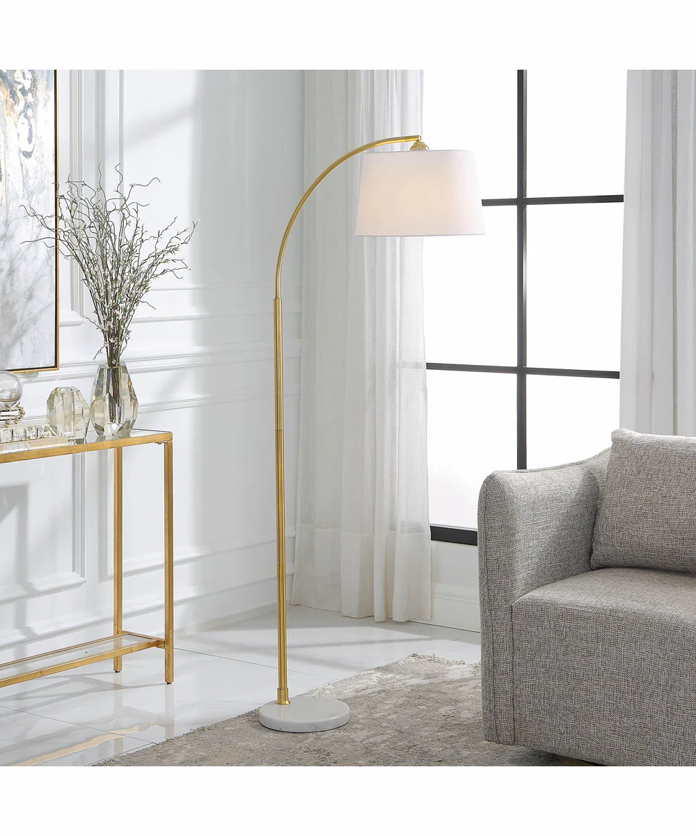 65"H 1-Light Floor Lamp Marble and Metal in Gold and White Marble with a Round Shade - Image 2
