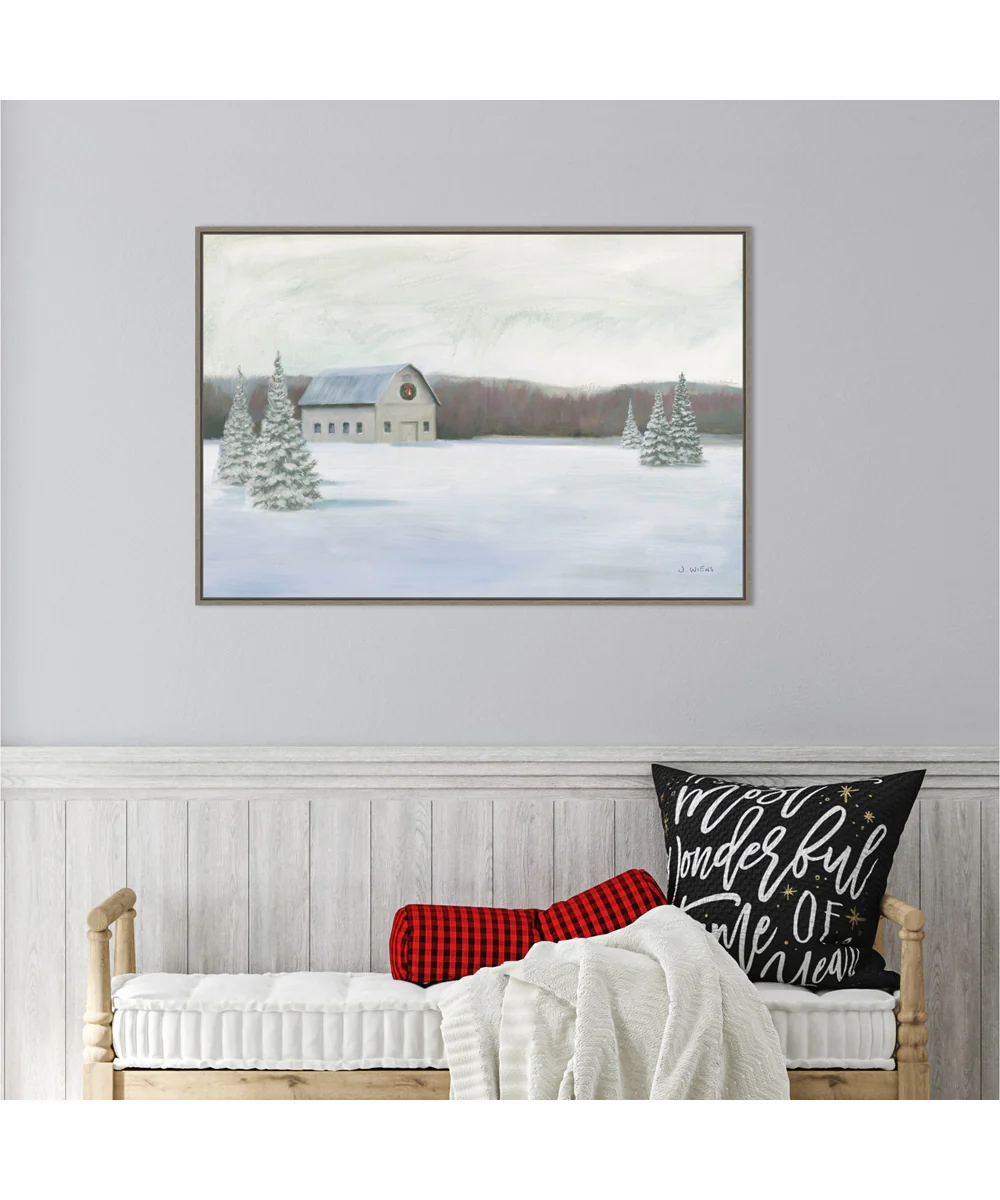 Framed Holiday Winter Barn by James Wiens Canvas Wall Art Print (33 W x 23 H), Sylvie Greywash Frame - Image 2