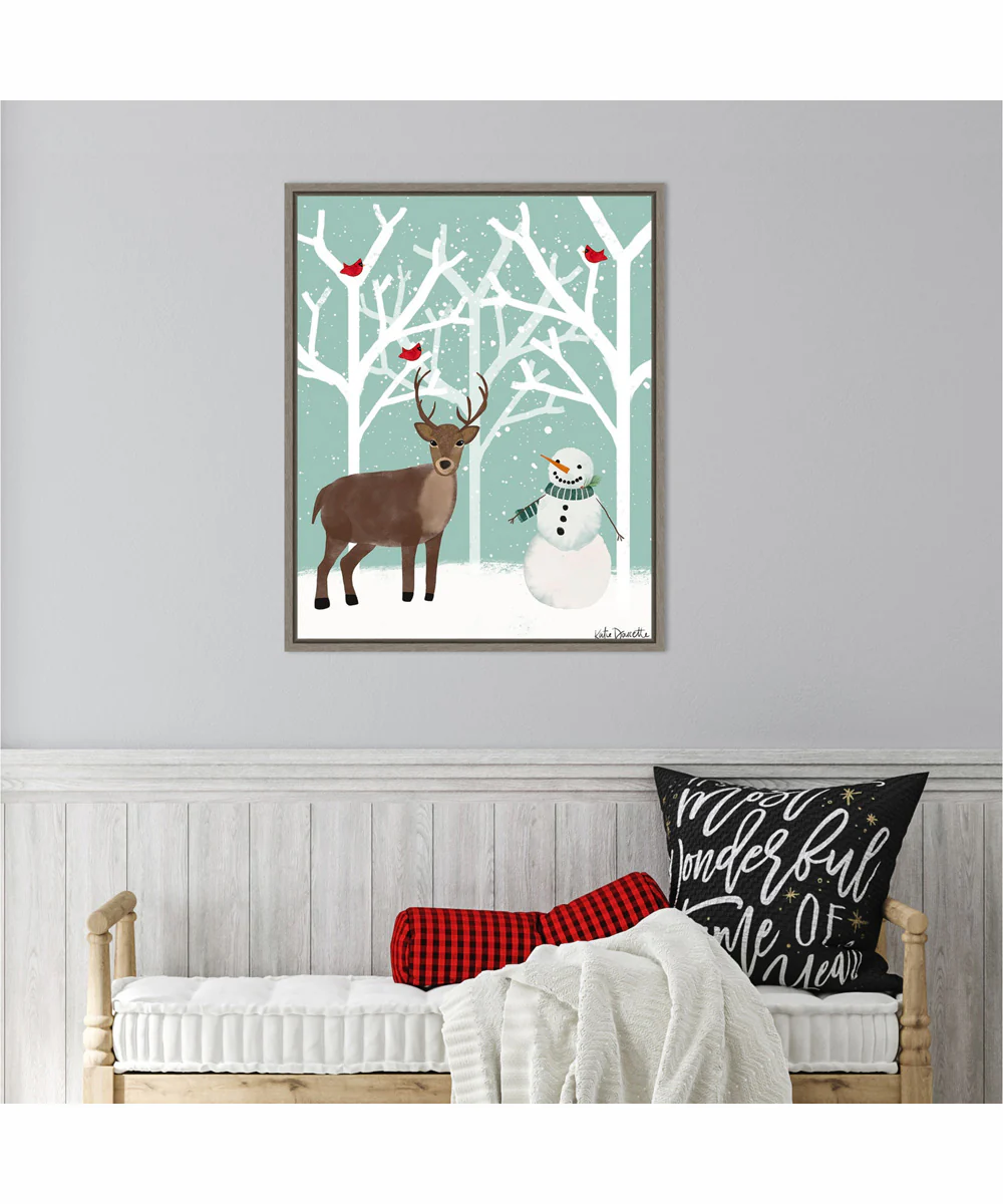 Framed Snowman and Deer by Katie Doucette Canvas Wall Art Print (23  W x 28  H), Sylvie Greywash Frame - Image 2