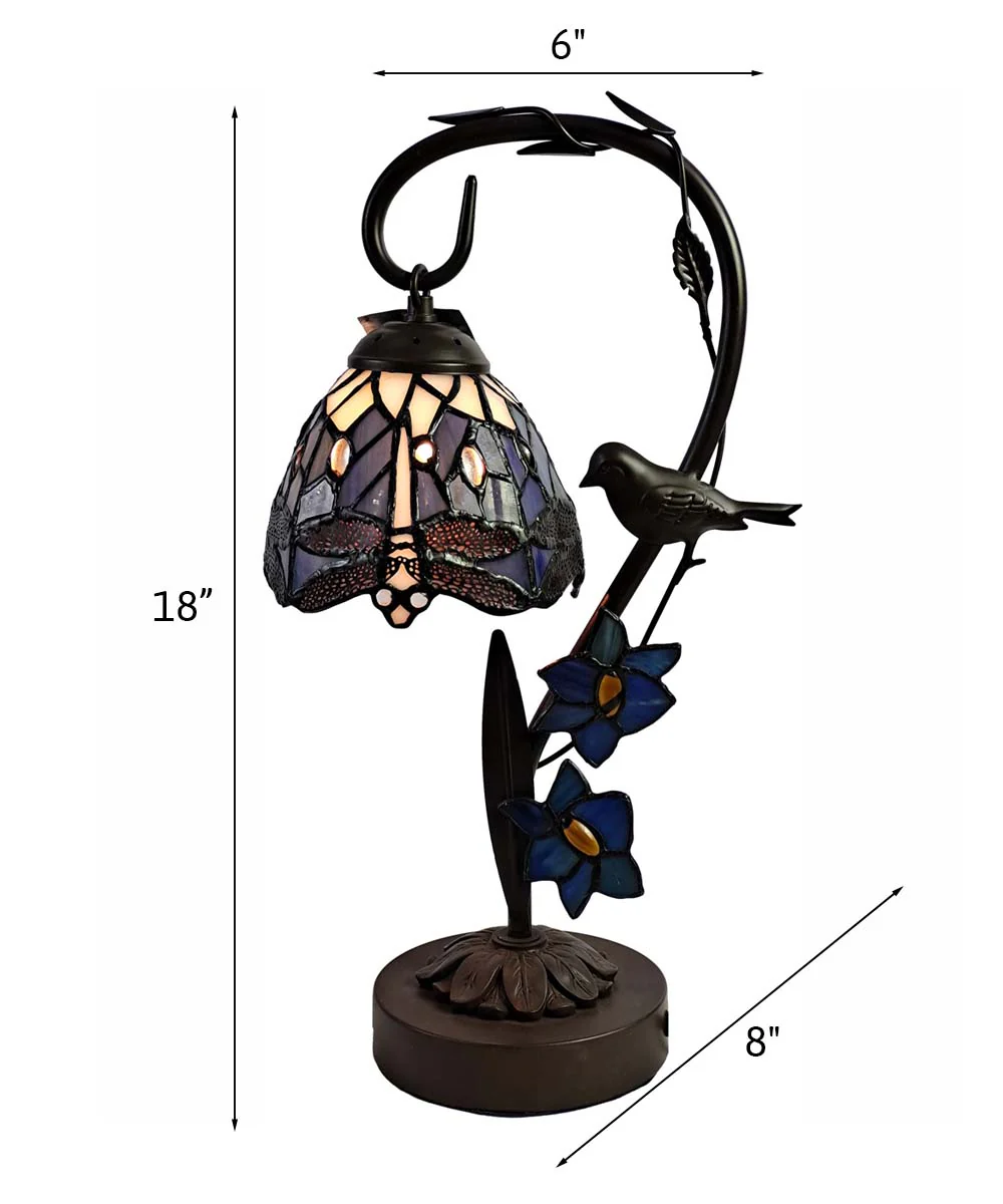 Bird On Vine Dragonfly Tiffany Table Lamp - Image 4