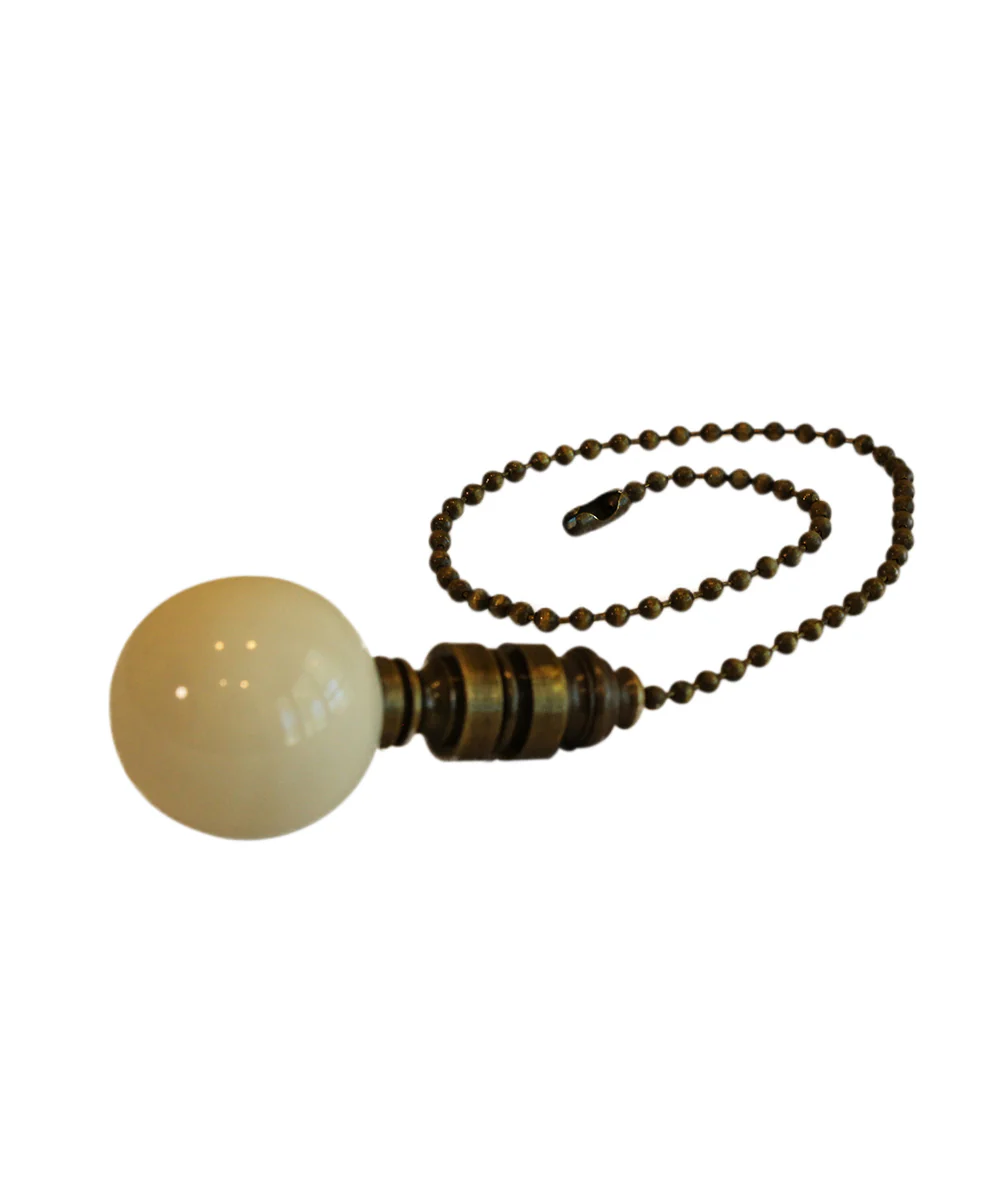 Ceramic 35mm Ivory Ball Ceiling Fan Pull, 2"h with 12" Antiqued Brass Chain - Image 2