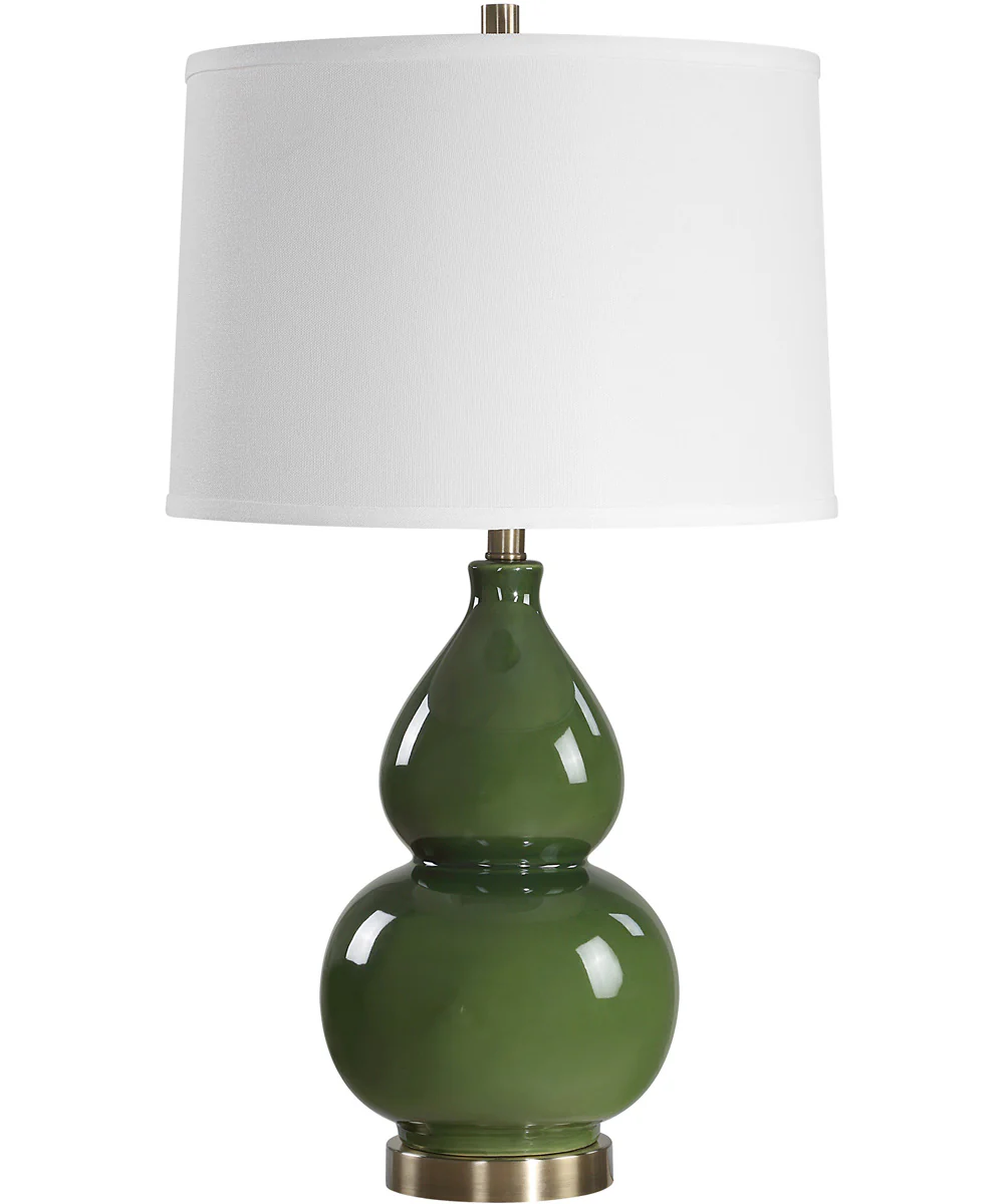 Ceramic Gourd Table Lamp with Dark Green Glaze with White Linen - Image 4