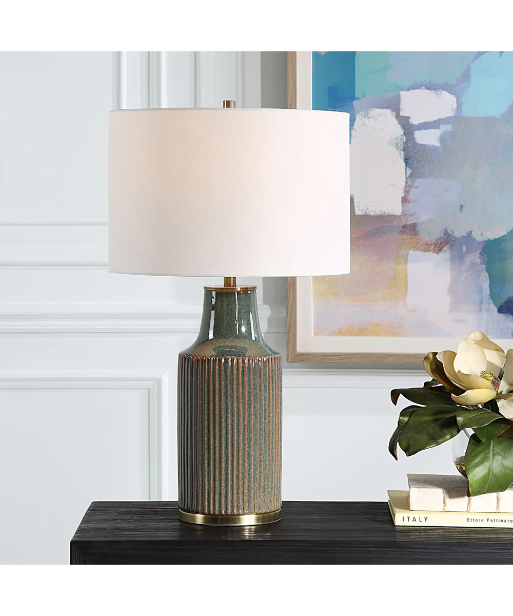 Ceramic Table Lamp in Blue-Green with White Linen - Image 2