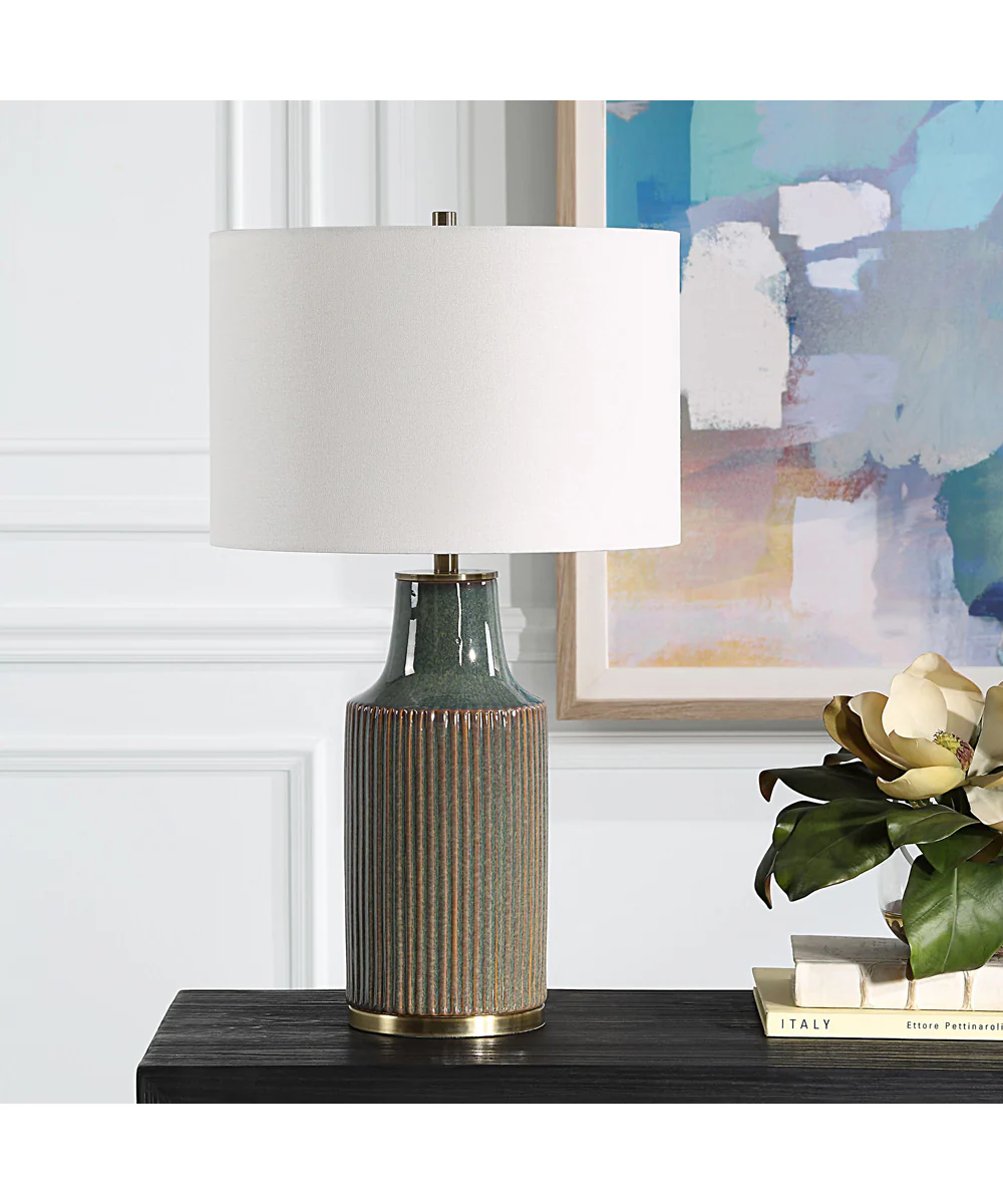 Ceramic Table Lamp in Blue-Green with White Linen - Image 3