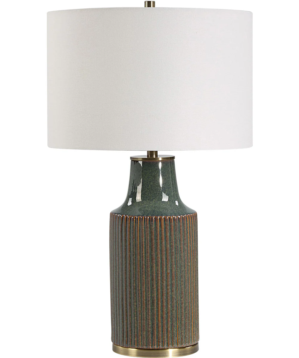 Ceramic Table Lamp in Blue-Green with White Linen - Image 4