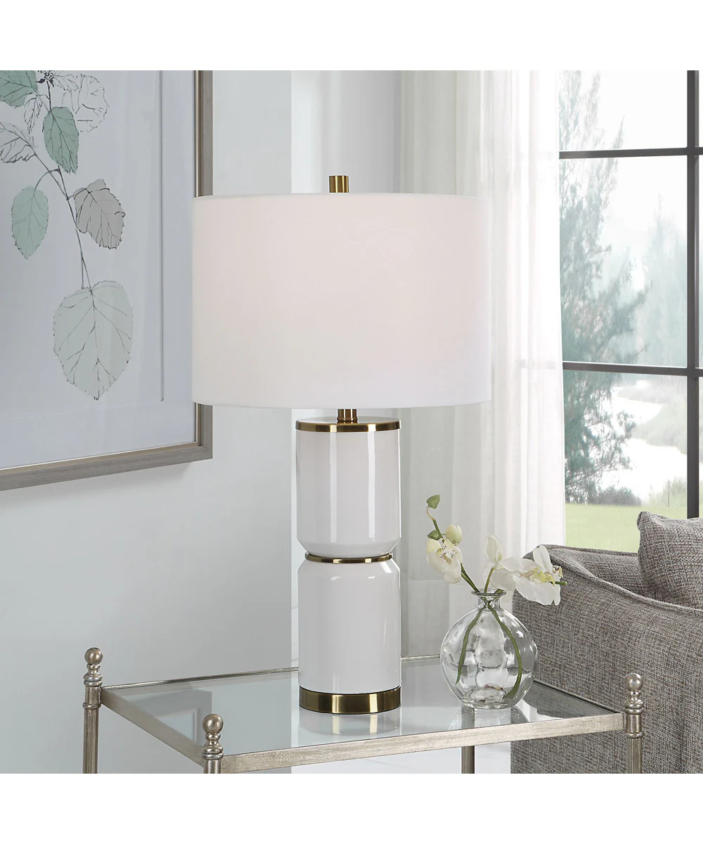 Ceramic Table Lamp in White Gloss and Gold with White Linen - Image 2