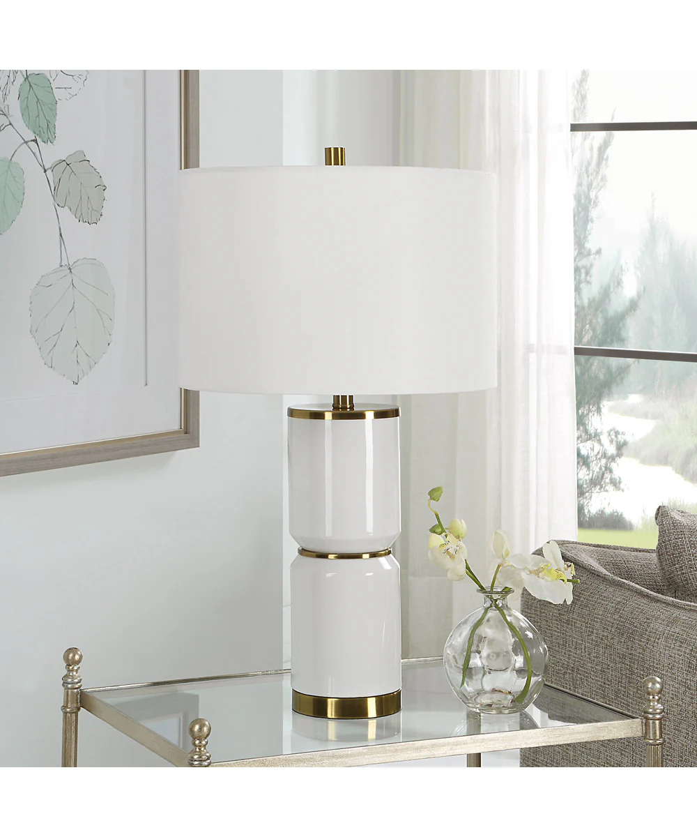 Ceramic Table Lamp in White Gloss and Gold with White Linen - Image 3
