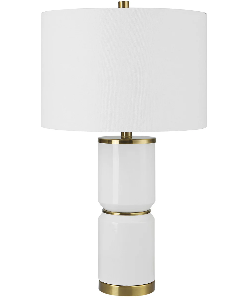 Ceramic Table Lamp in White Gloss and Gold with White Linen - Image 4