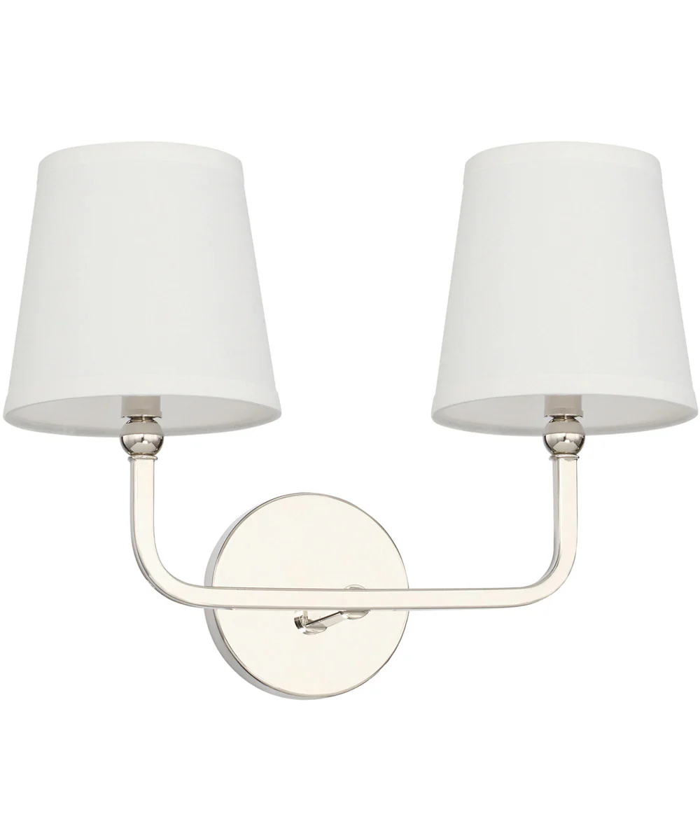 Dawson 2-Light Vanity In Polished Nickel Finish With Decorative White Fabric Stay-Straight Shades