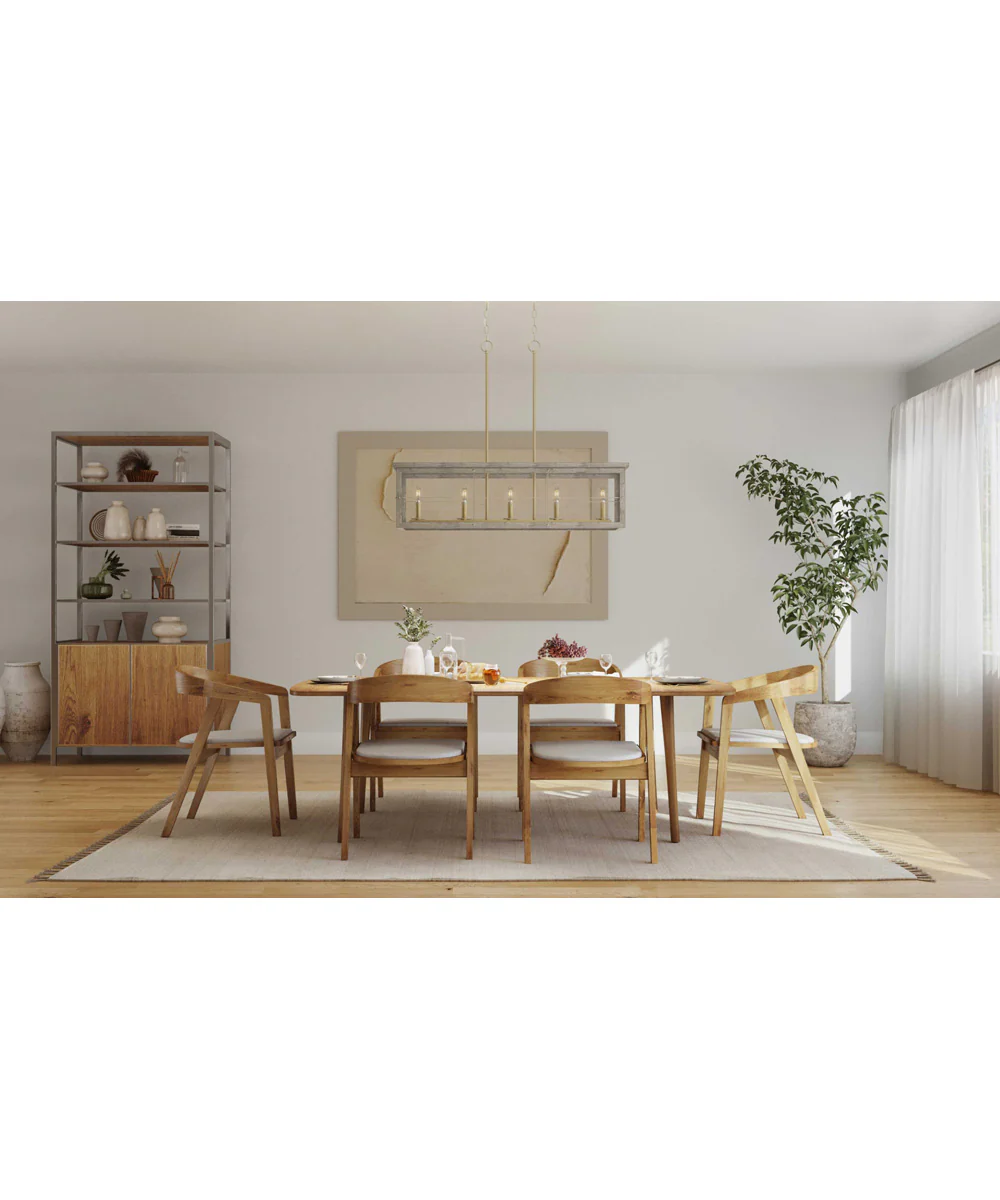 Hedgerow 5-Light Aged Oak Farmhouse Style Linear Island Chandelier Light Distressed Brass - Image 2