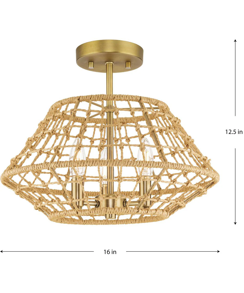 Laila 16 in. 3-Light Semi-Flush Convertible with Woven Jute Accents Vintage Brass - Image 4