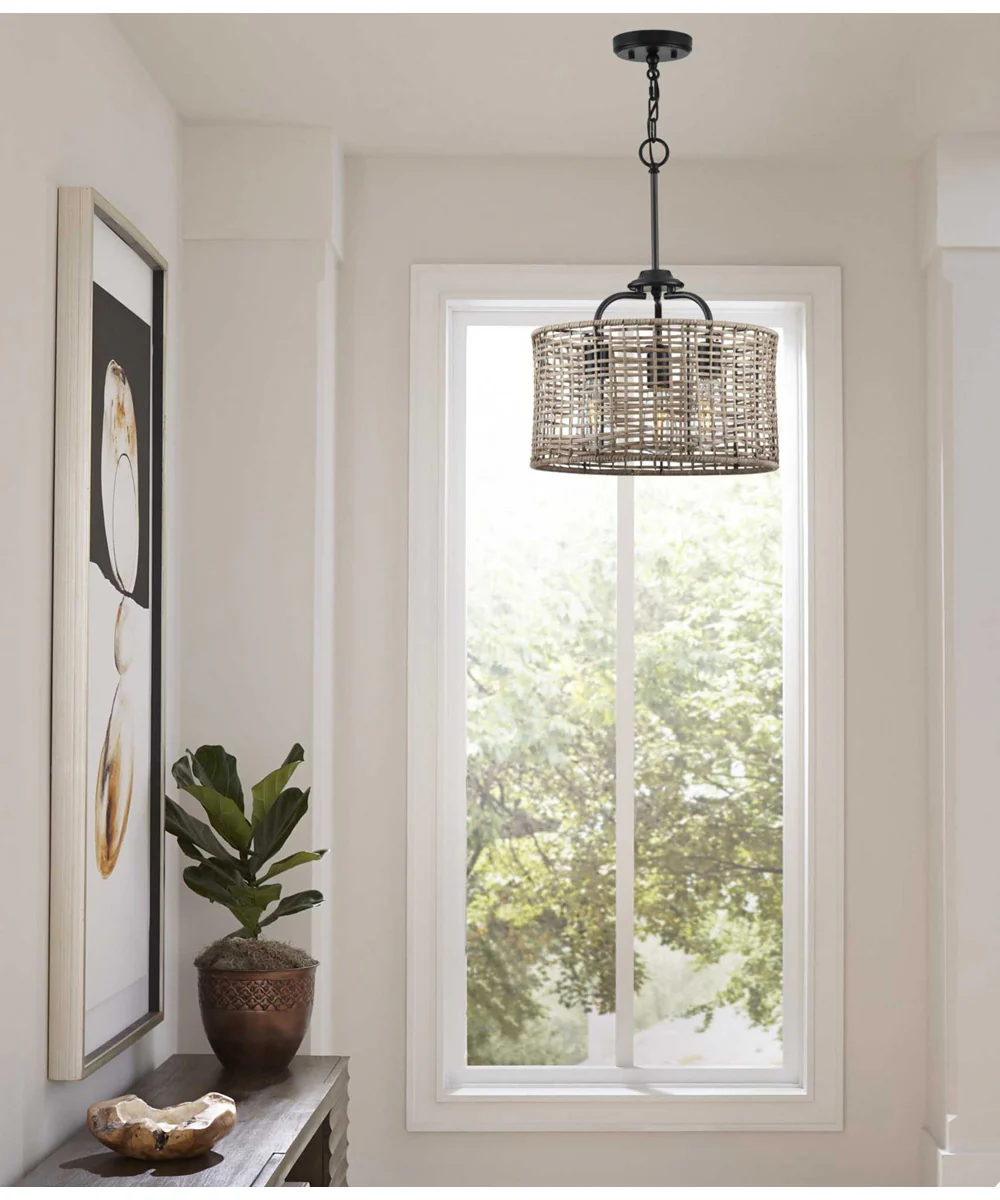 Lavelle 3-Light Mocha finish Rattan Convertible Semi-Flush Ceiling or Hanging Pendant Light Matte Black - Image 3
