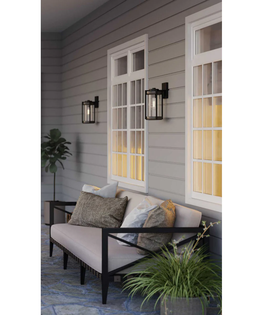 Whitmire  1-Light with Aged Oak Accents Clear Seeded Glass Farmhouse Outdoor Wall Lantern Light Matte Black - Image 2