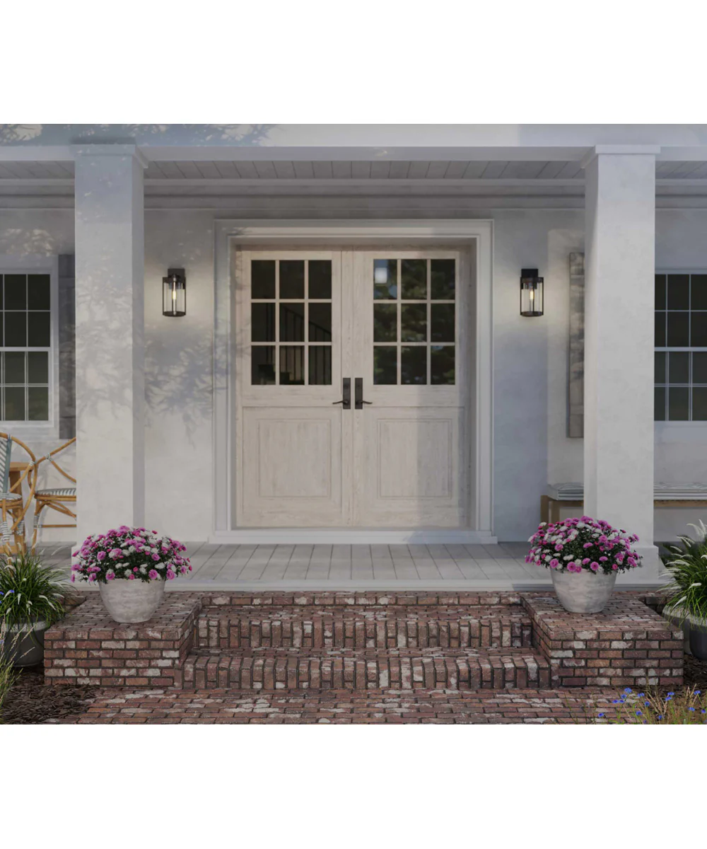 Whitmire  1-Light with Aged Oak Accents Clear Seeded Glass Farmhouse Outdoor Wall Lantern Light Matte Black - Image 4