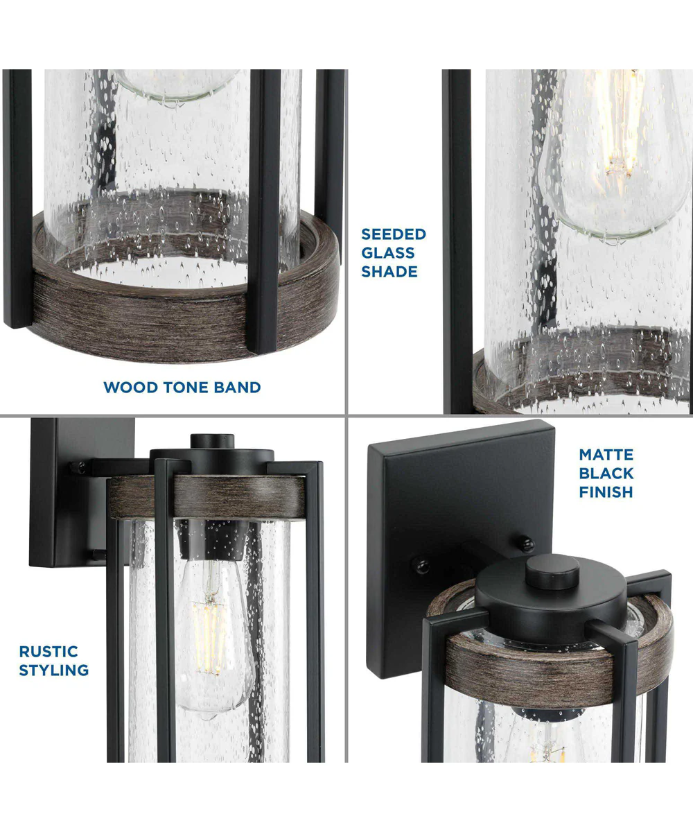 Whitmire  1-Light with Aged Oak Accents Clear Seeded Glass Farmhouse Outdoor Wall Lantern Light Matte Black - Image 5