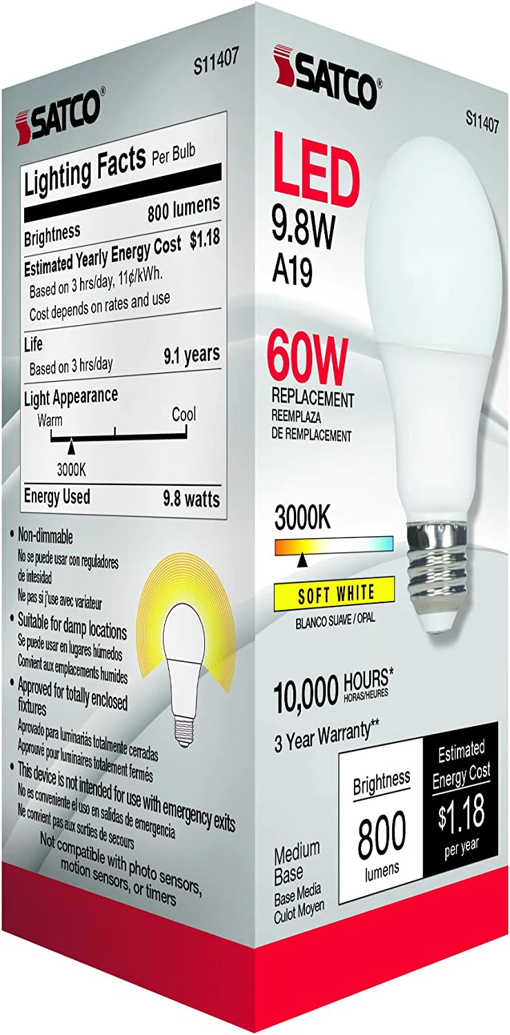 Satco LED 6 Pack A19 Medium 10 watt 120V 3000K Light Bulb =60W - Image 4