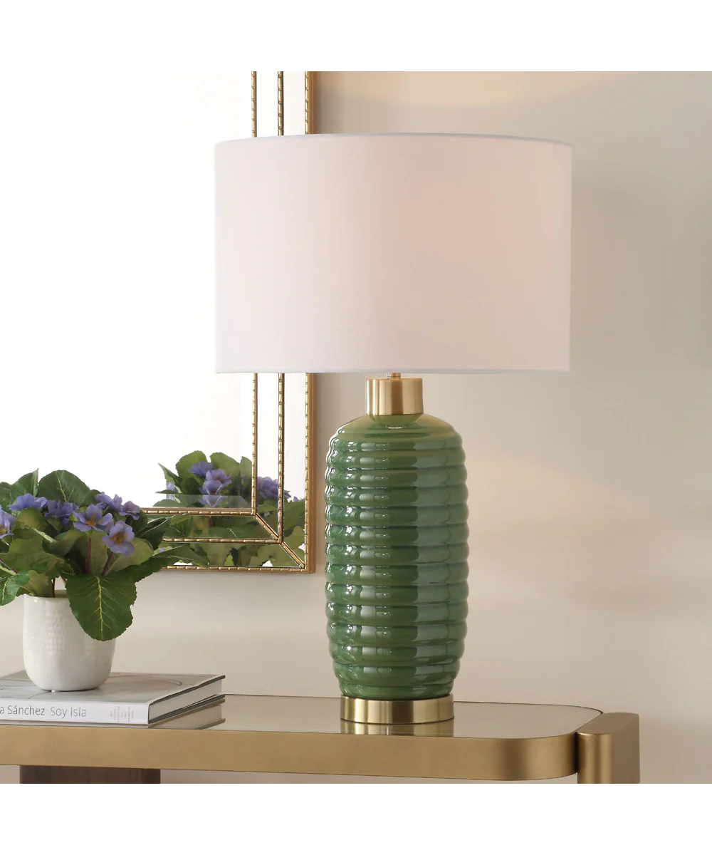 Table Lamp Ceramic in Olive Green with Antique Brass Accents - Image 2